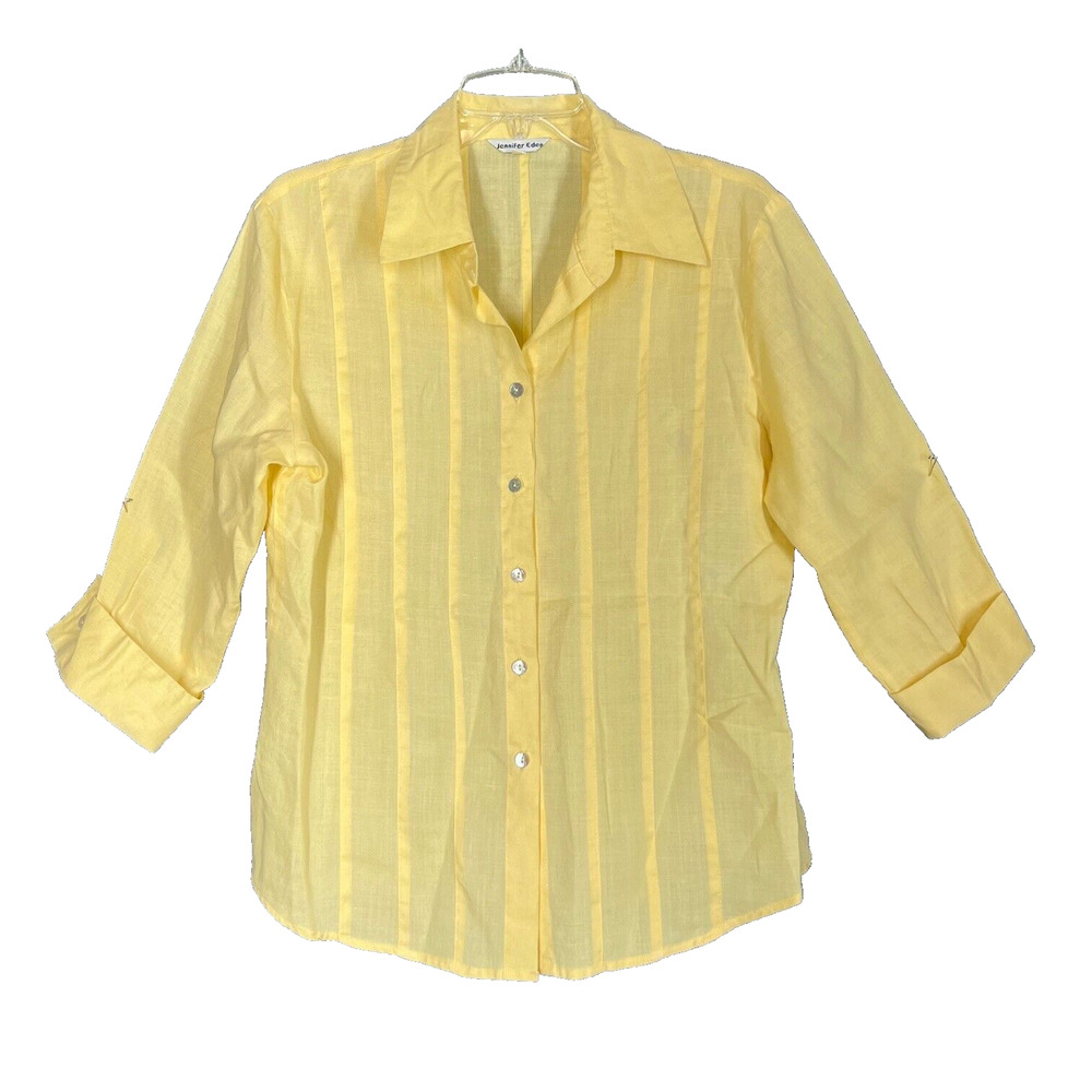 Jennifer Eden Pleated Blouse Womens Size Medium Yellow Ramie Button 3/4 Sleeves